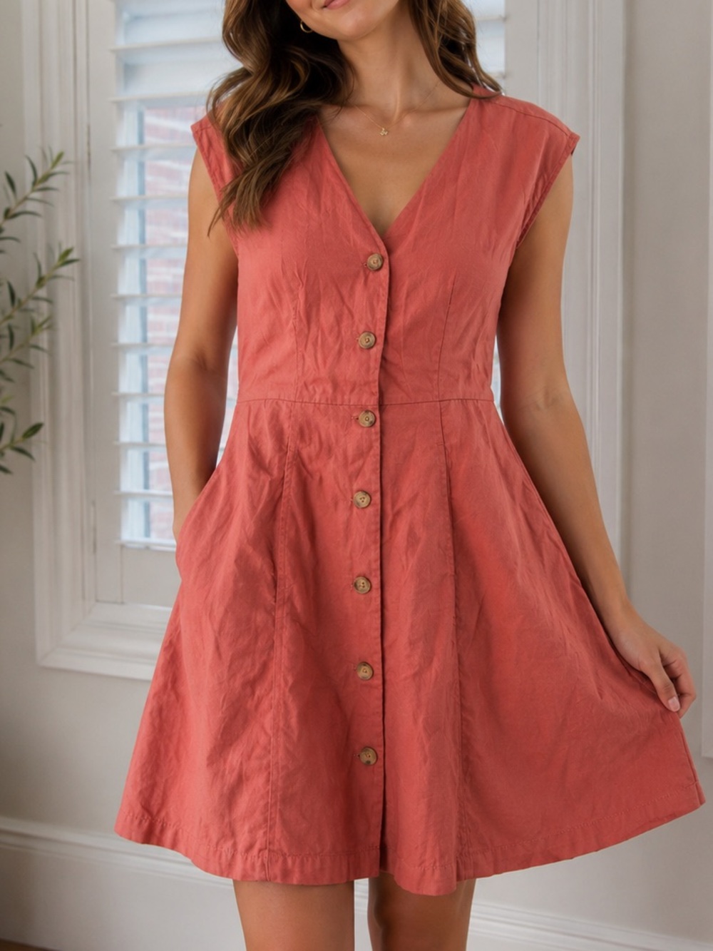 RW&CO. Sleeveless Button-Front Mini Dress in Coral